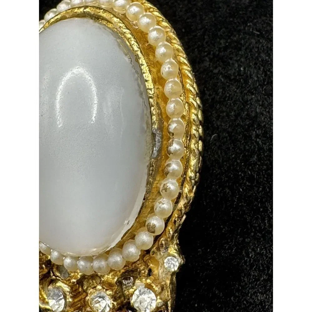 Vintage Gold Tone Brooch Rhinestone Faux Seed Pearl White Glass Cabochon Pendant